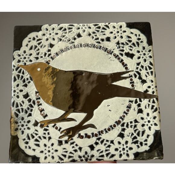 Handcrafted Clay Ceramic Tile Wall Hanging doily textured bird metallic mirror - Picture 4 of 6